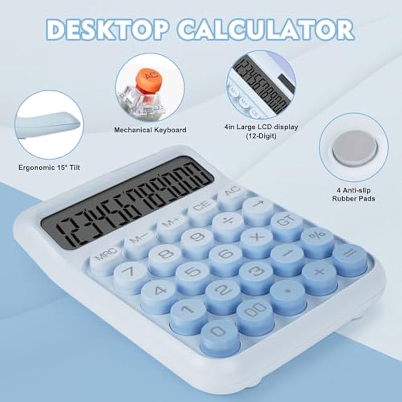 Arabest Mechanical Switch Calculator with Big ons, Calculators Desktop, 12 Digits, Solar Battery Power, Desk Calculator, Large LCD Display, Cute Blue Calculators for Teachers Students Basic Office - Image 4